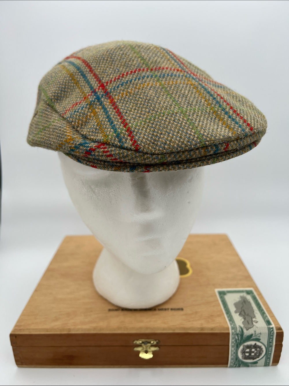 Plaid Tweed Flat Cap in Olive and Red Windowpane